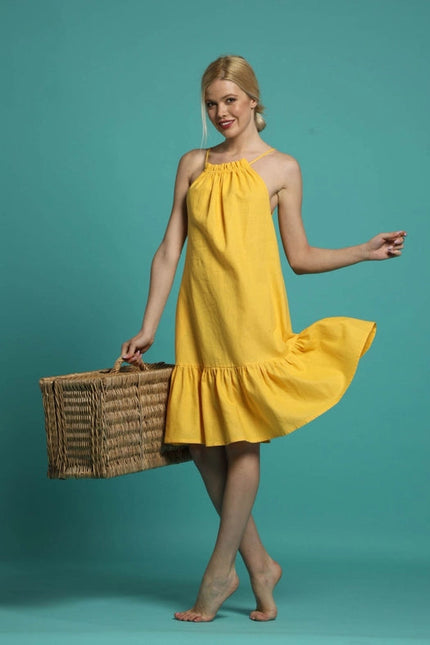 Sicily Midi Linen Dress with Gathered Neckline