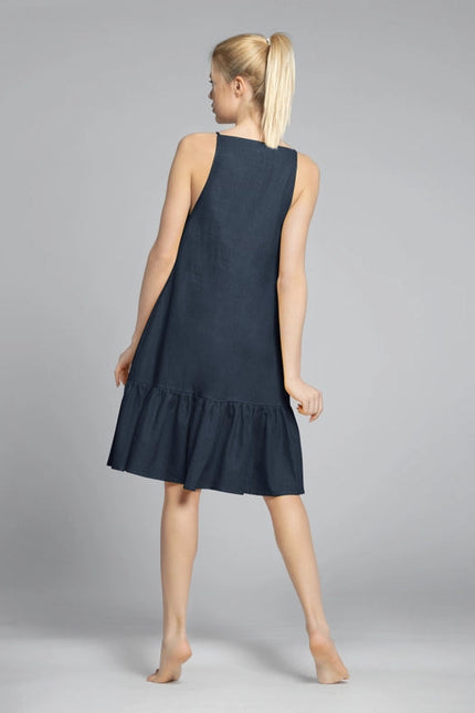 Sicily Midi Linen Dress with Gathered Neckline in Navy