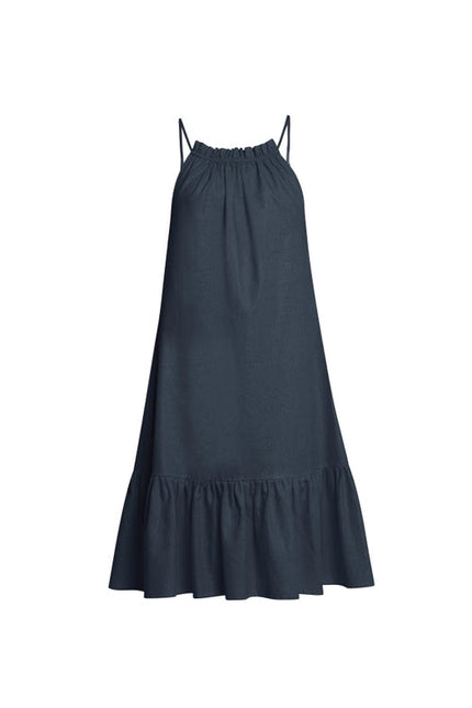 Sicily Midi Linen Dress with Gathered Neckline in Navy