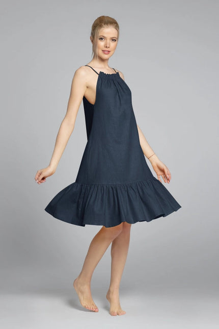 Sicily Midi Linen Dress with Gathered Neckline in Navy