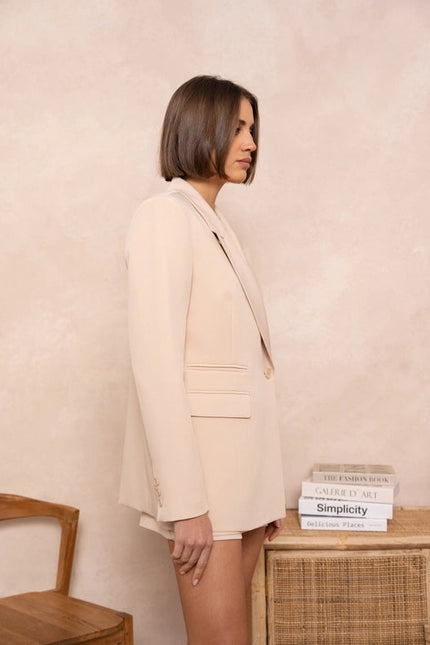 Signature Asymmetric Mid-Length Double-Breasted Plain Jacket Beige