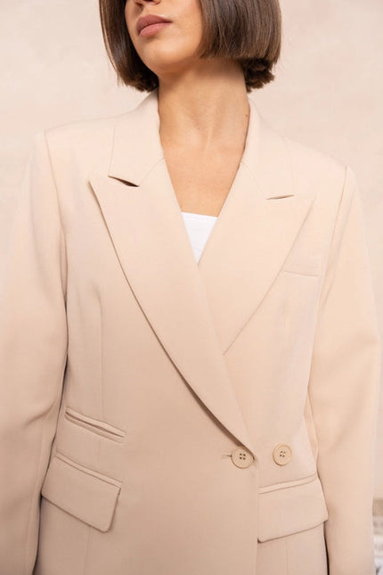 Signature Asymmetric Mid-Length Double-Breasted Plain Jacket Beige