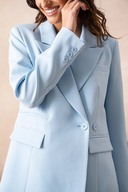 Signature Asymmetric Mid-Length Double-Breasted Plain Jacket  Sky Blue