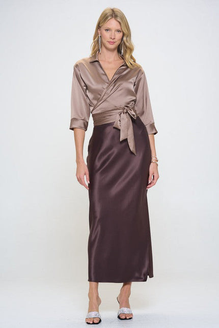 Silky Satin Collared V neck Wrap Top with Tie-4