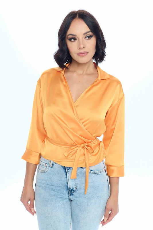 Silky Satin Collared V neck Wrap Top with Tie-0