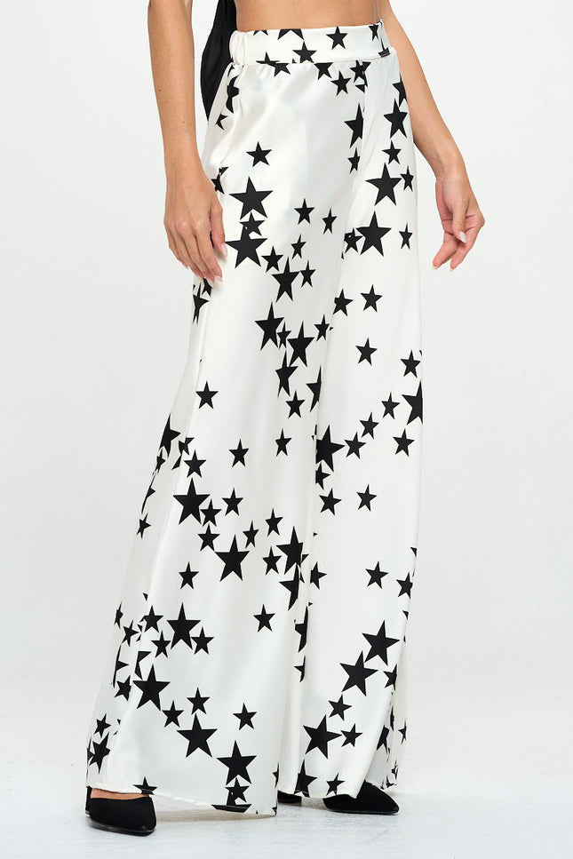 Silky Satin Star Print Pants with Side Pocket-0