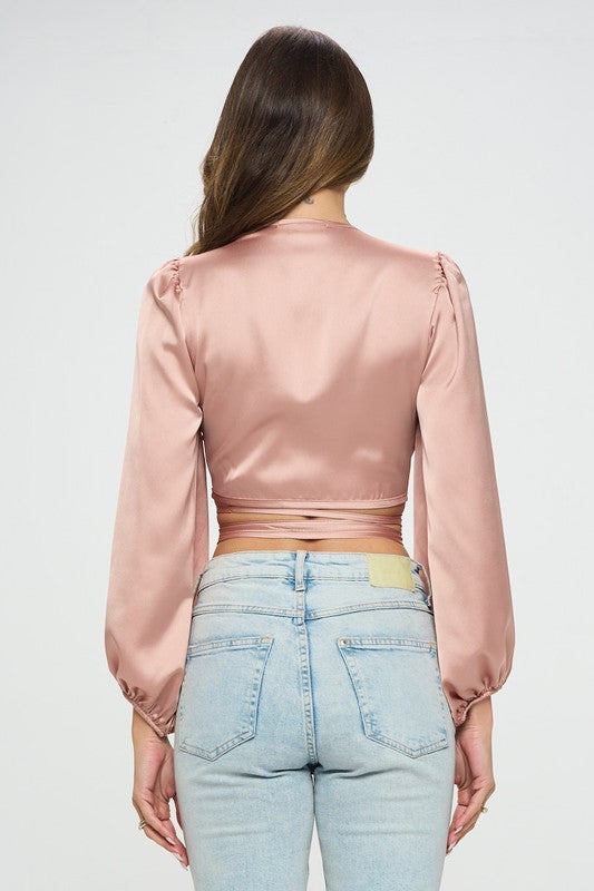 Silky Satin Wrap Crop Top with Tie-2