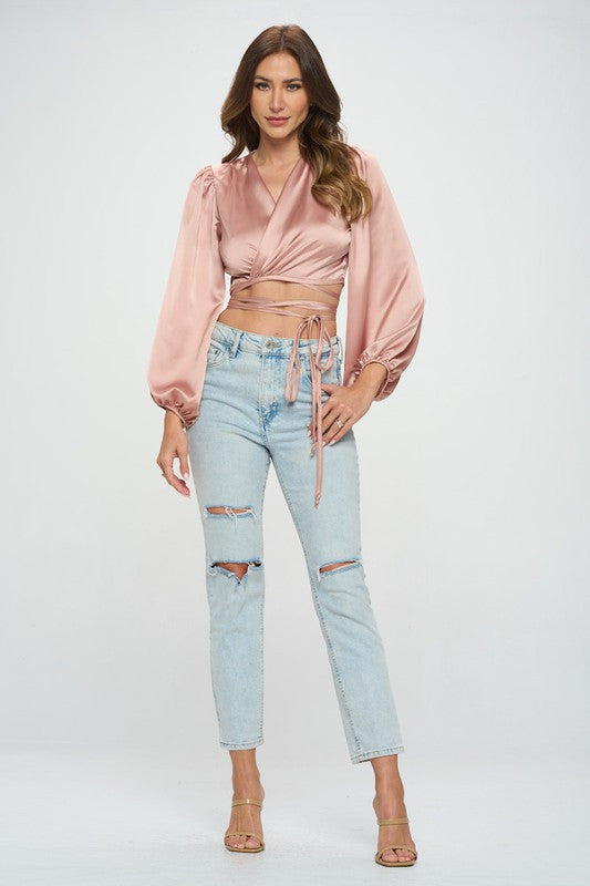 Silky Satin Wrap Crop Top with Tie-4