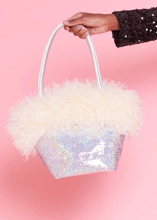 Silver Bamboo Sequin Faux Fur Bag-0