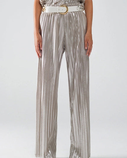 Silver Pleated Pants with Elastic Waistband