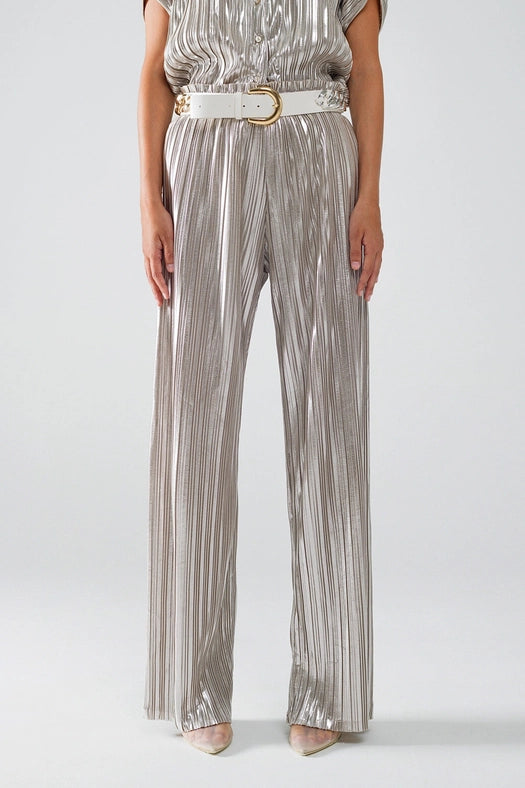 Silver Pleated Pants with Elastic Waistband