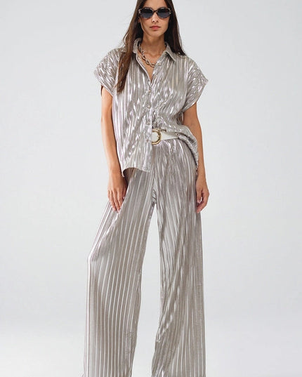 Silver Pleated Pants with Elastic Waistband