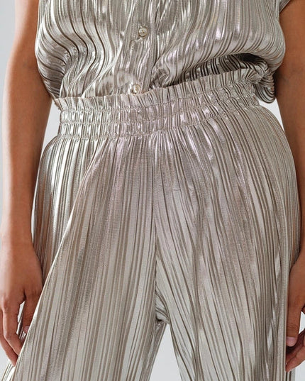 Silver Pleated Pants with Elastic Waistband