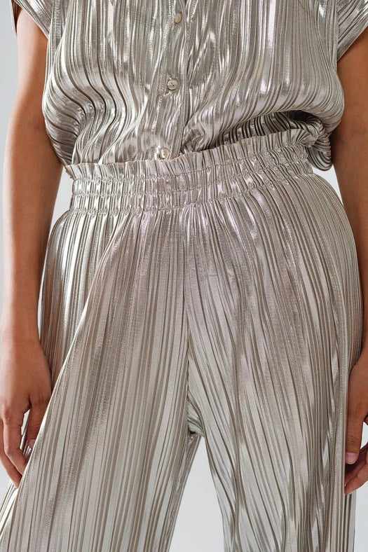 Silver Pleated Pants with Elastic Waistband