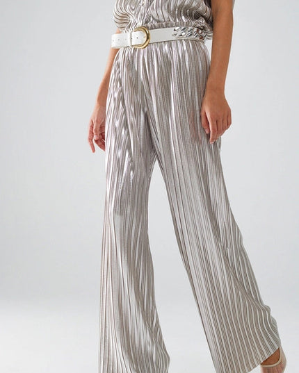 Silver Pleated Pants with Elastic Waistband