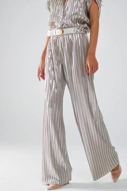 Silver Pleated Pants with Elastic Waistband