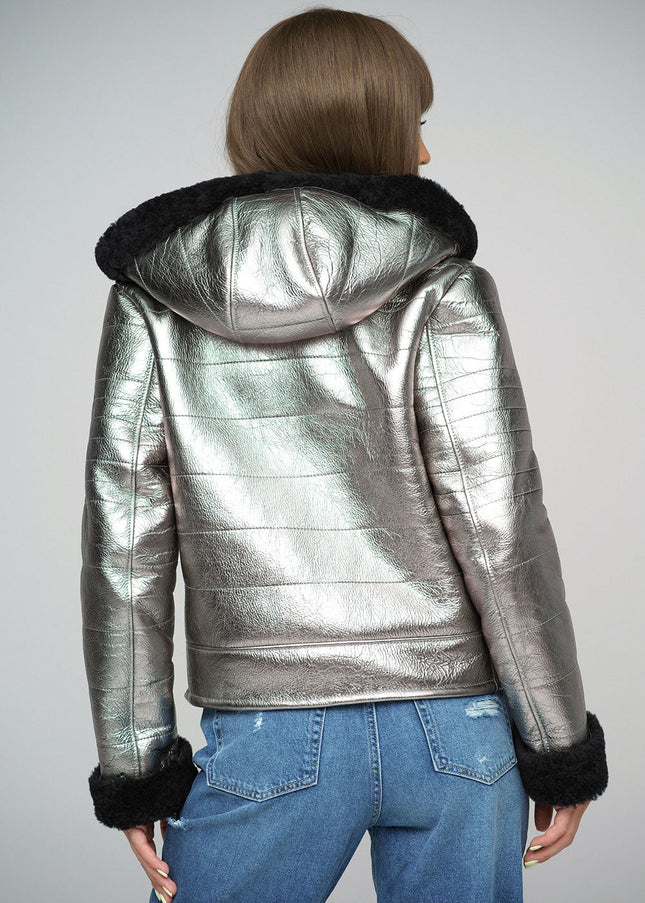 Silver Shearling Leather Hooded Jacket-2