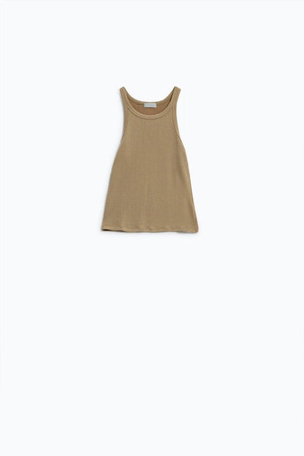 Sleeveless Beige Top With Ribbed Details