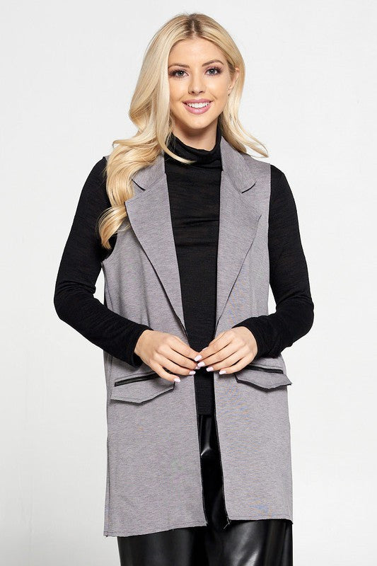 Sleeveless Blazer with Collar and Zipper Detailed Pockets-0