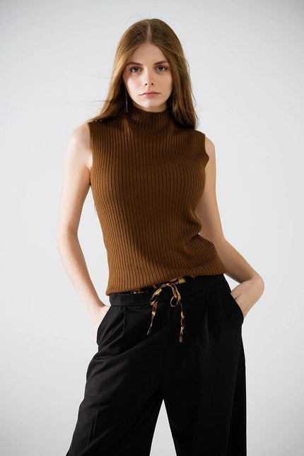 Sleeveless Fine Knit Wool Sweater in Brown