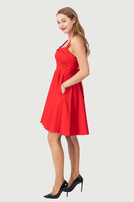 Sleeveless Fit & Flare Fold Over Neck Women Dress with Pocke RED