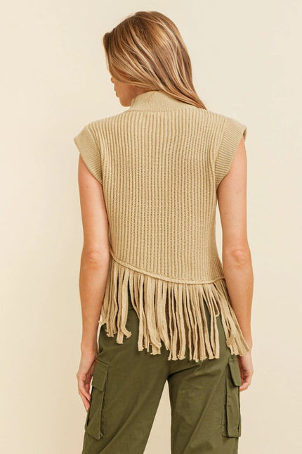 Sleeveless Fringe Turtleneck Sweater Beige