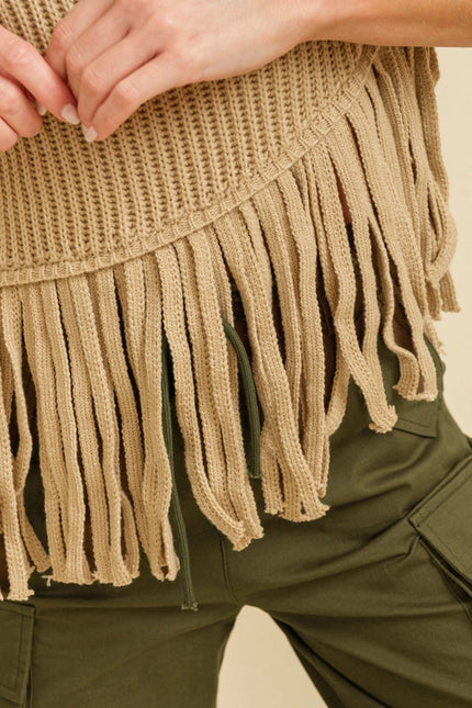 Sleeveless Fringe Turtleneck Sweater Beige