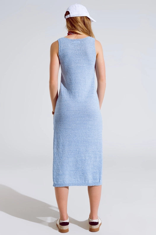 Sleeveless Maxi Blue Dress With Side Slit