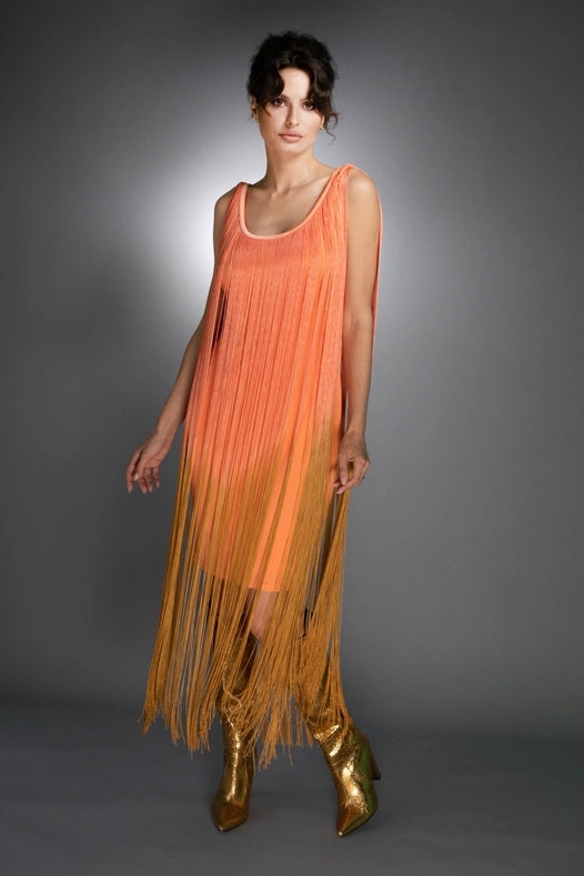 Sleeveless Salmon Gold Ombre Fringe Midi Dress