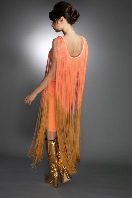 Sleeveless Salmon Gold Ombre Fringe Midi Dress