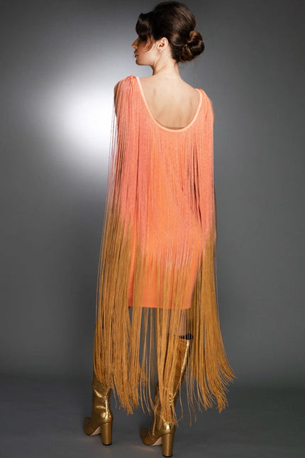 Sleeveless Salmon Gold Ombre Fringe Midi Dress