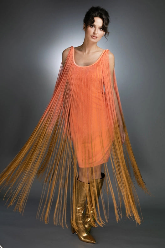 Sleeveless Salmon Gold Ombre Fringe Midi Dress