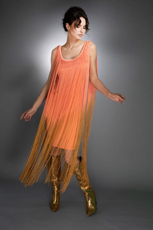 Sleeveless Salmon Gold Ombre Fringe Midi Dress