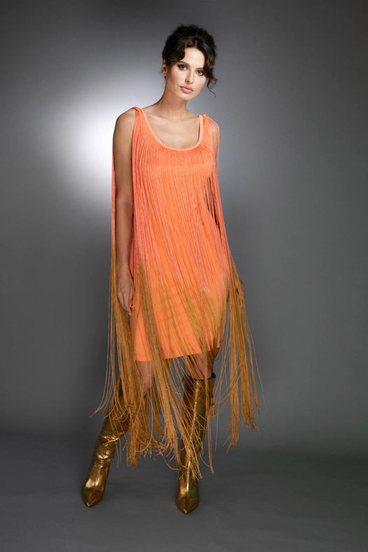 Sleeveless Salmon Gold Ombre Fringe Midi Dress