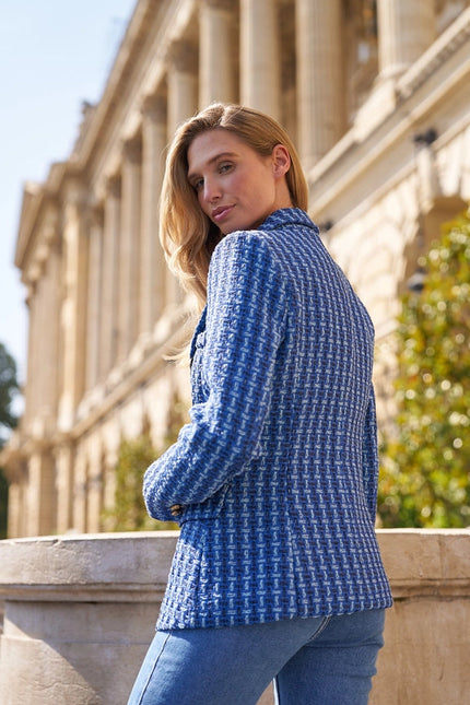 Slim Blue Tweed Blazer Jacket with Gold Double-Breasted Buttons