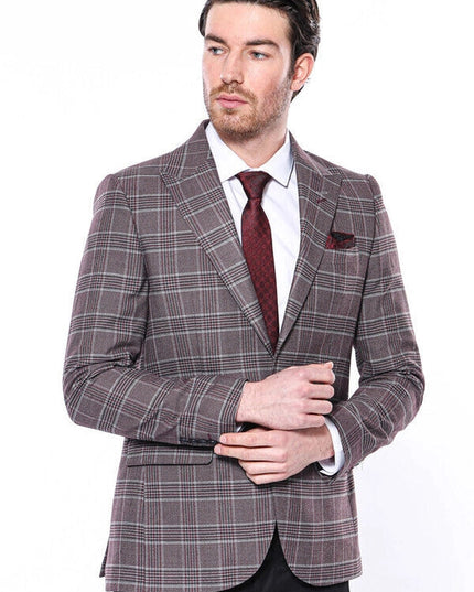 Slim-Fit Checked Burgundy Men Blazer