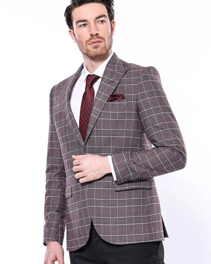 Slim-Fit Checked Burgundy Men Blazer