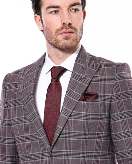 Slim-Fit Checked Burgundy Men Blazer