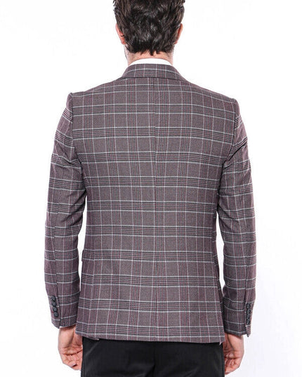 Slim-Fit Checked Burgundy Men Blazer