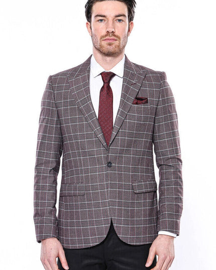 Slim-Fit Checked Burgundy Men Blazer