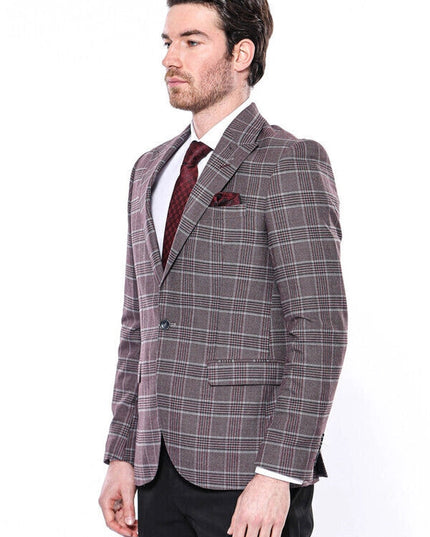 Slim-Fit Checked Burgundy Men Blazer