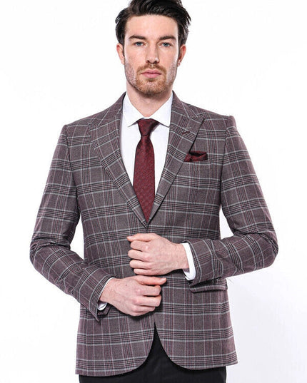 Slim-Fit Checked Burgundy Men Blazer