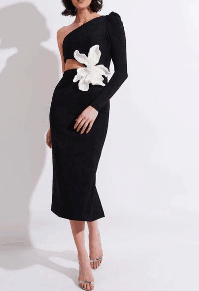 Slim-Fitting Strappy One-Shoulder Long-Sleeve Dress Black