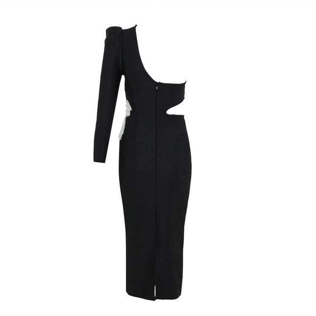 Slim-Fitting Strappy One-Shoulder Long-Sleeve Dress Black