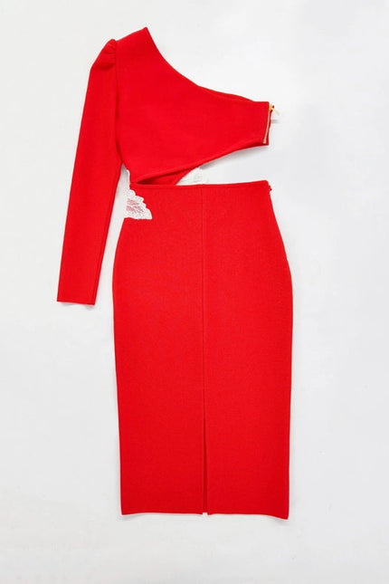 Slim-Fitting Strappy One-Shoulder Long-Sleeve Dress Red