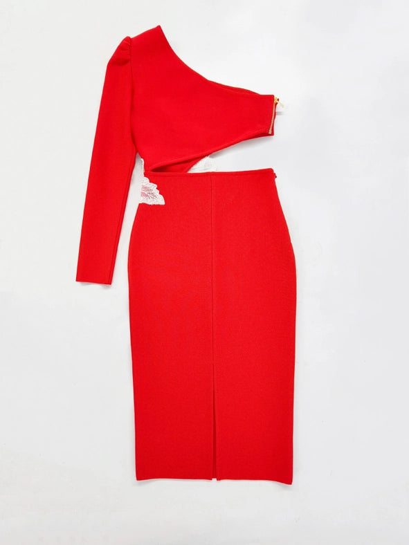 Slim-Fitting Strappy One-Shoulder Long-Sleeve Dress Red