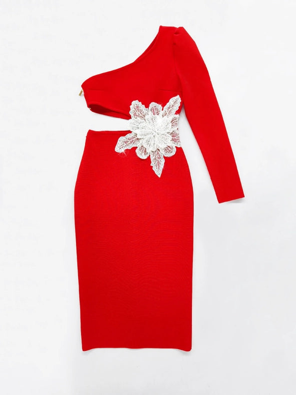 Slim-Fitting Strappy One-Shoulder Long-Sleeve Dress Red