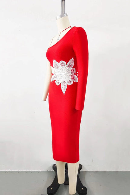 Slim-Fitting Strappy One-Shoulder Long-Sleeve Dress Red