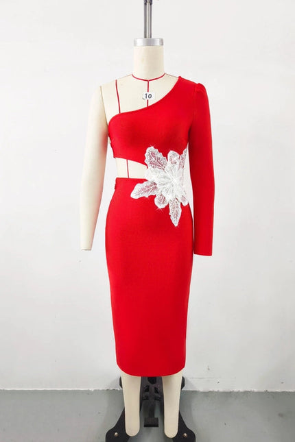 Slim-Fitting Strappy One-Shoulder Long-Sleeve Dress Red