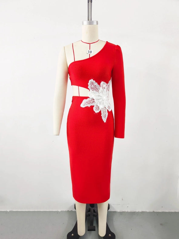 Slim-Fitting Strappy One-Shoulder Long-Sleeve Dress Red